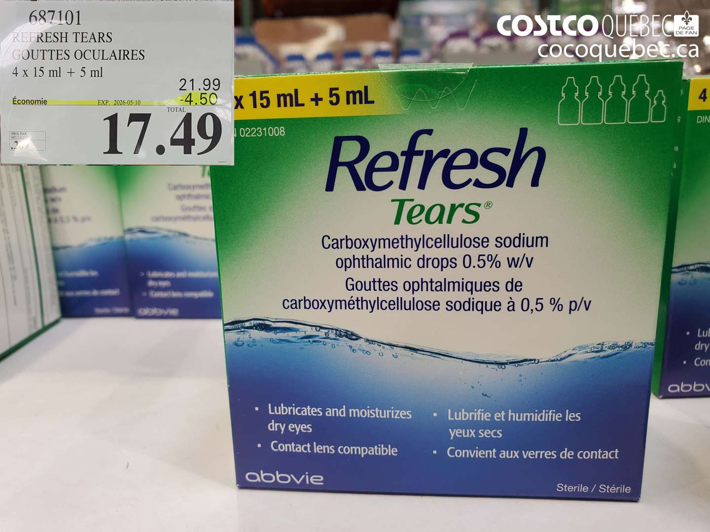 687101 REFRESH TEARS GOUTTES OCULAIRES 4 X 15 ML + 5 ML ($4.50 INSTANT SAVINGS EXPIRES ON 2026-05-10) $17.49