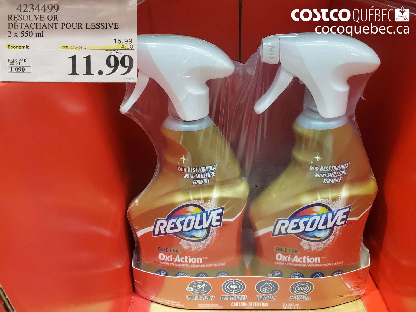 4234499 RESOLVE OR DÉTACHANT POUR LESSIVE 2 X 550 ML ($4.00 INSTANT SAVINGS EXPIRES ON 2026-04-12) $11.99