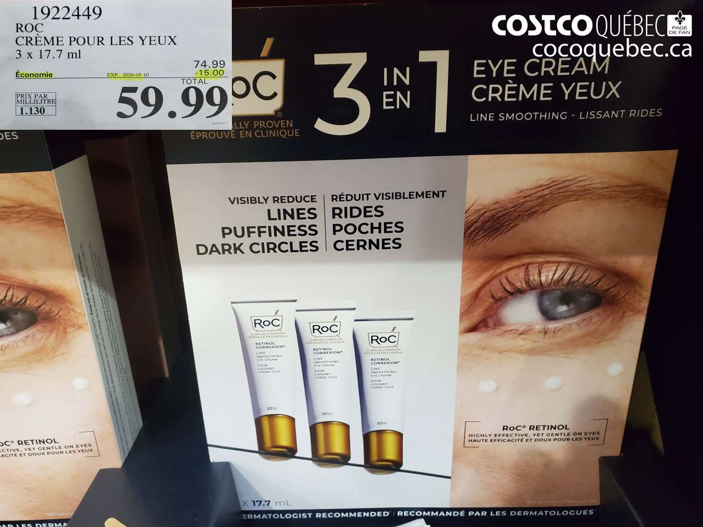 1922449 ROC CRÈME POUR LES YEUX 3 X 17.7 ML ($15.00 INSTANT SAVINGS EXPIRES ON 2026-05-10) $59.99