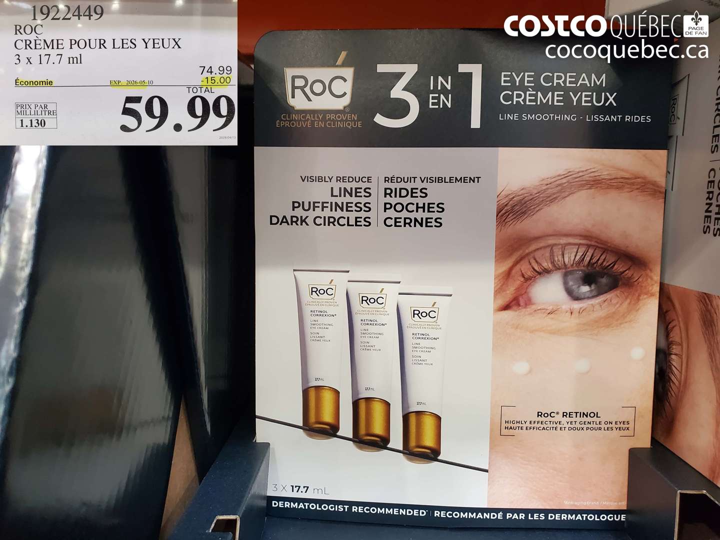 1922449 ROC CRÈME POUR LES YEUX 3 X 17.7 ML ($15.00 INSTANT SAVINGS EXPIRES ON 2026-05-10) $59.99