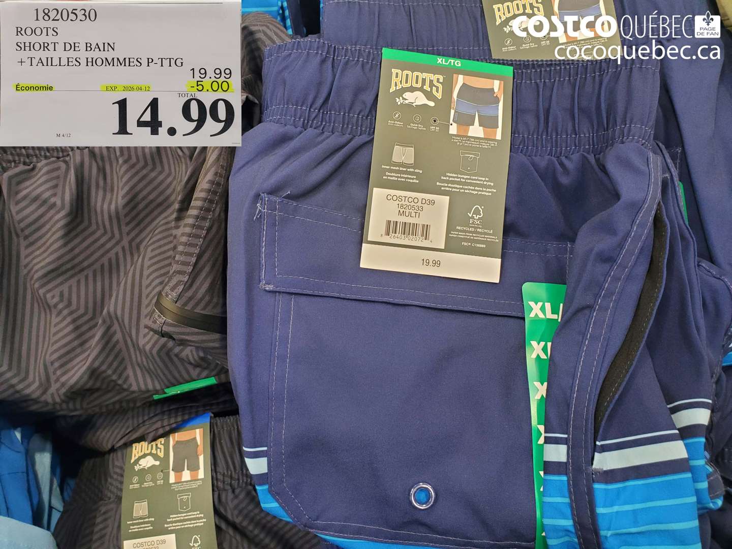 1820530 ROOTS SHORT DE BAIN +TAILLES HOMMES P-PTG ($5.00 INSTANT SAVINGS EXPIRES ON 2026-04-12) $14.99