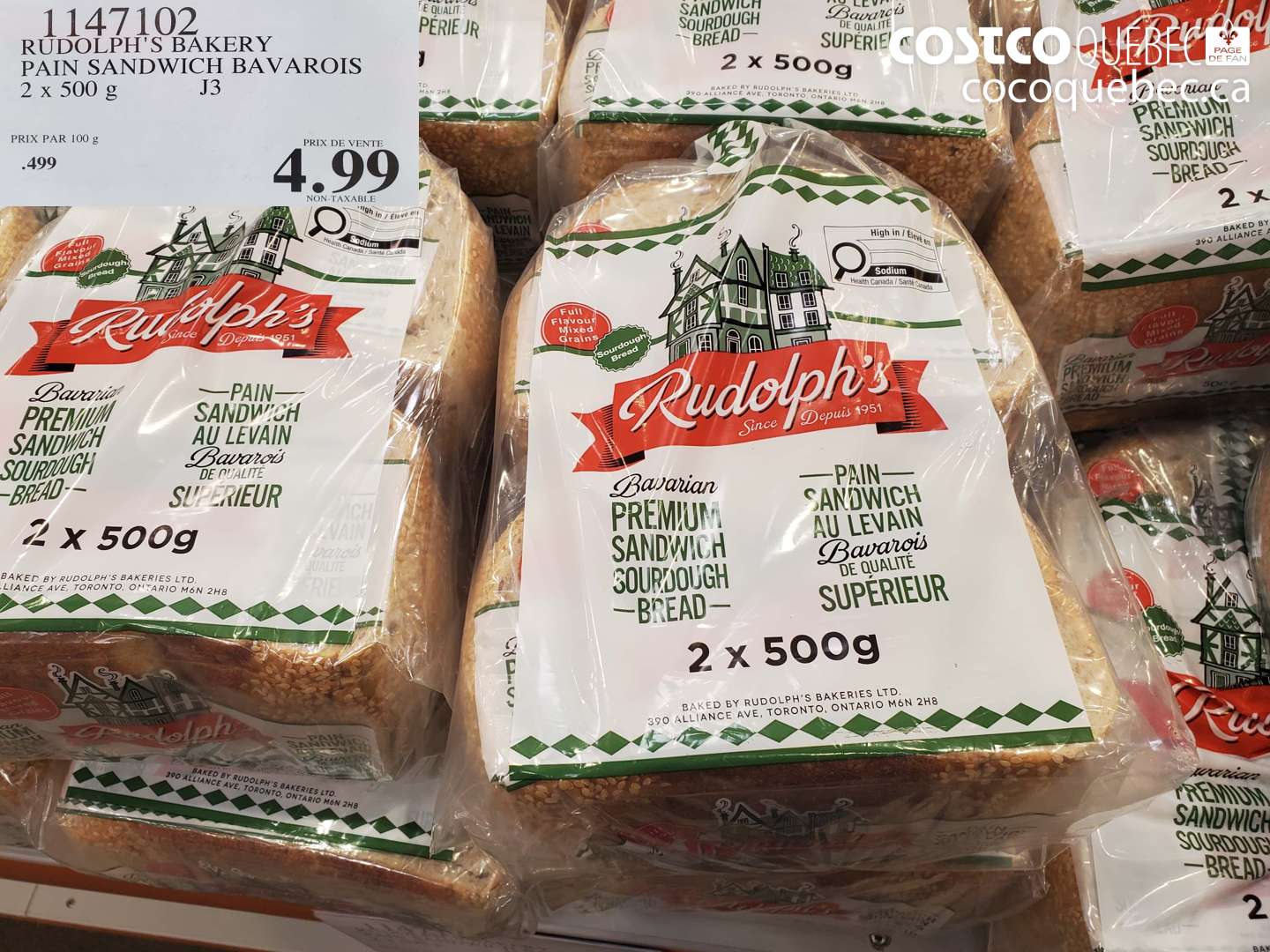 1147102 RUDOLPH'S BAKERY PAIN SANDWICH BAVAROIS 2 X 500 G $4.99