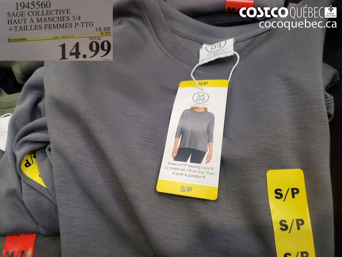 1945560 SAGE COLLECTIVE HAUT A MANCHES 3/4 + TAILLES FEMMES P-TTG ($5.00 INSTANT SAVINGS EXPIRES ON 2026-04-12) $14.99