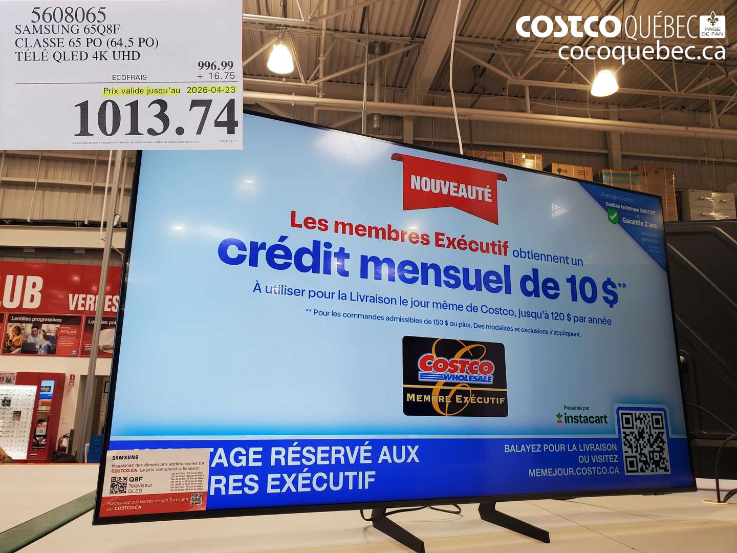 5608065 SAMSUNG 65Q8F CLASSE 65 PO (64,5 PO) TÉLÉ QLED 4K UHD (EXPIRES ON 2026-04-23) $1013.74