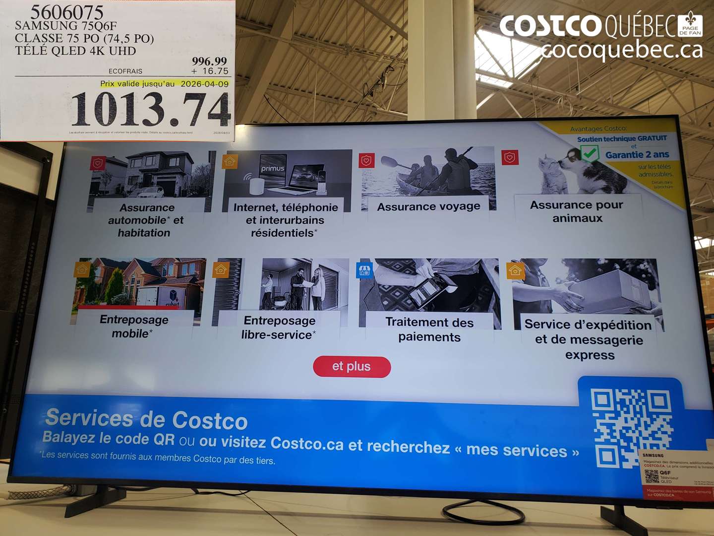 5606075 SAMSUNG 75Q6F CLASSE 75 PO (74,5 PO) TÉLÉ QLED 4K UHD (EXPIRES ON 2026-04-09) $1013.74