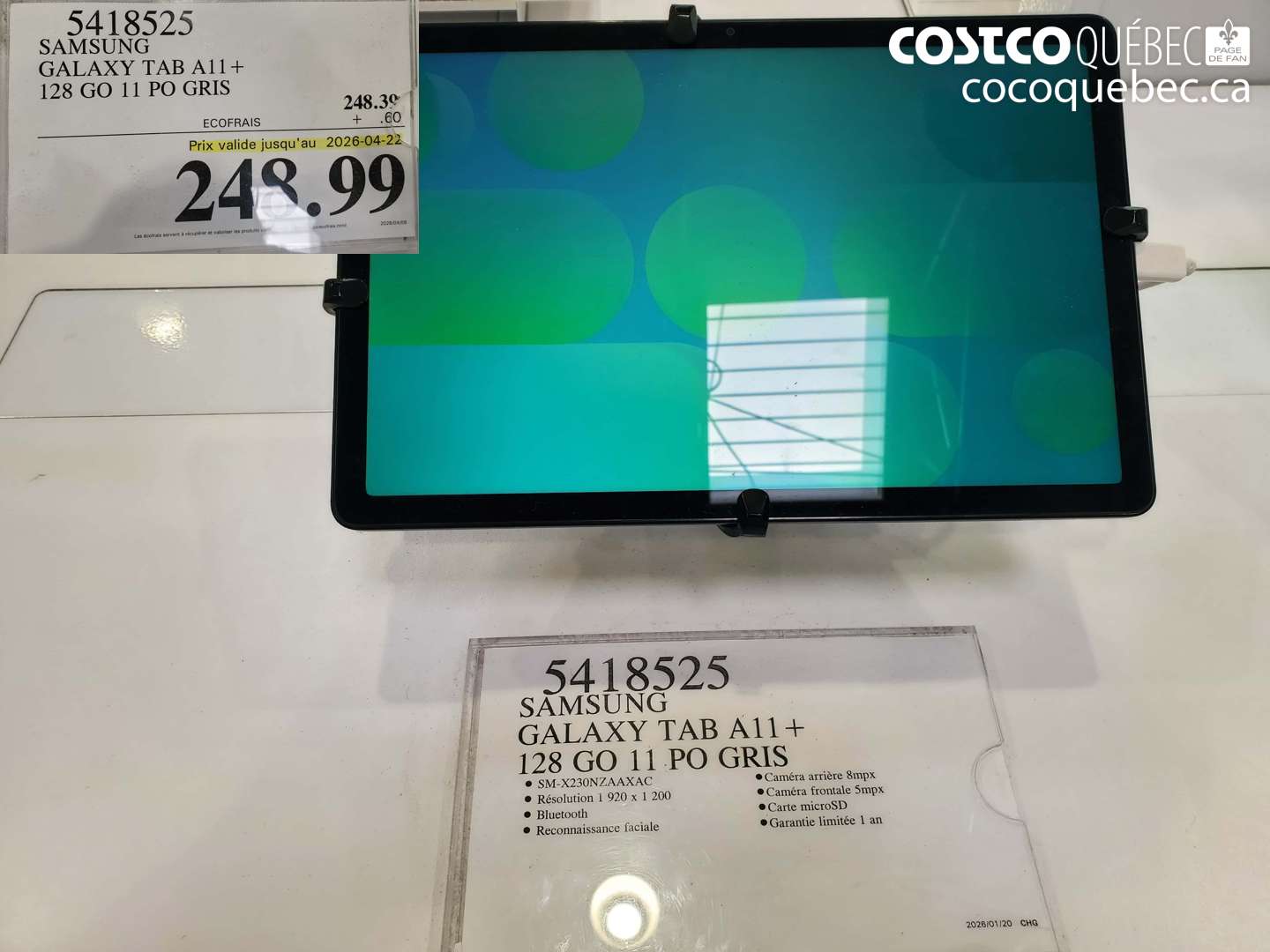 5418525 SAMSUNG GALAXY TAB A11+ 128 GO 11 PO GRIS (EXPIRES ON 2026-04-22) $248.99