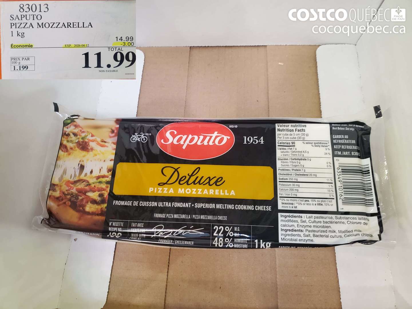 83013 SAPUTO PIZZA MOZZARELLA 1 KG ($3.00 INSTANT SAVINGS EXPIRES ON 2026-04-12) $11.99