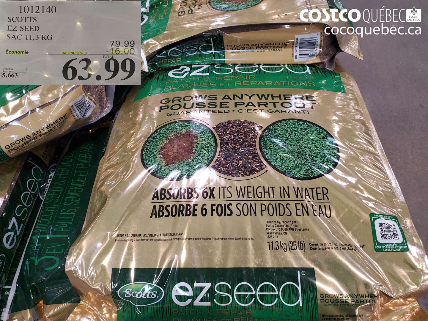 1012140 SCOTTS EZ SEED SAC 11,3 KG ($16.00 INSTANT SAVINGS EXPIRES ON 2026-05-10) $63.99