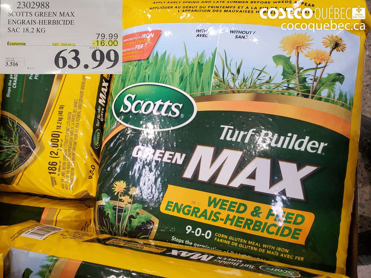2302988 SCOTTS GREEN MAX ENGRAIS-HERBICIDE SAC 18,2 KG ($16.00 INSTANT SAVINGS EXPIRES ON 2026-04-12) $63.99