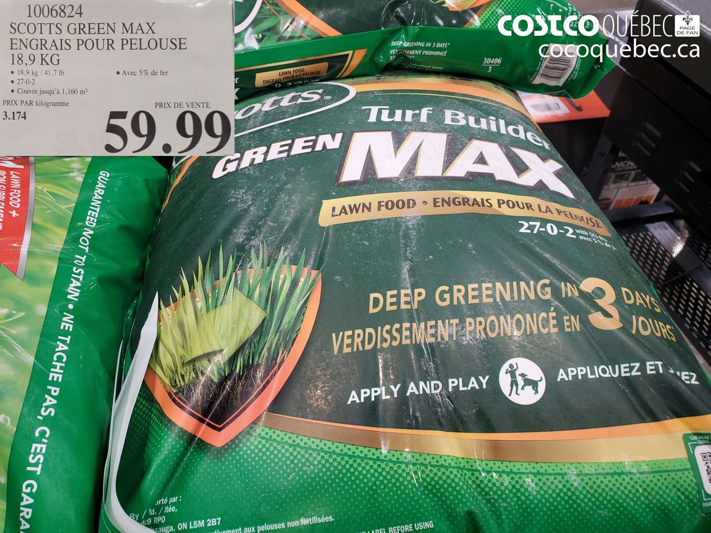 1006824 SCOTTS GREEN MAX ENGRAIS POUR PELOUSE $59.99