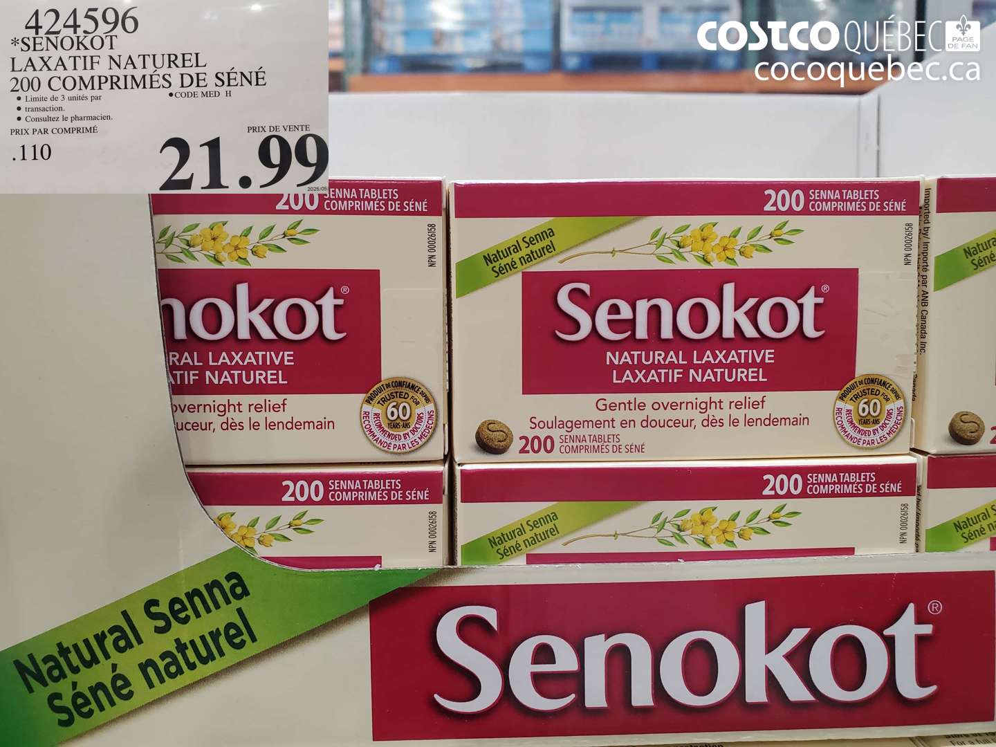 424596 SENOKOT LAXATIF NATUREL 200 COMPRIMÉS DE SÉNÉ $21.99