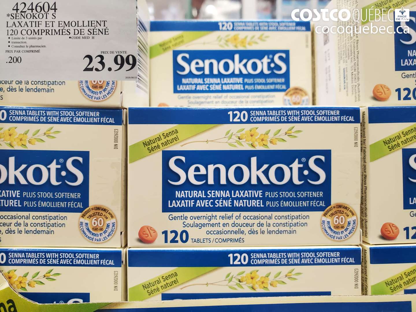 424604 SENOKOT S LAXATIF ET EMOLLIENT 120 COMPRIMES DE SENE $23.99