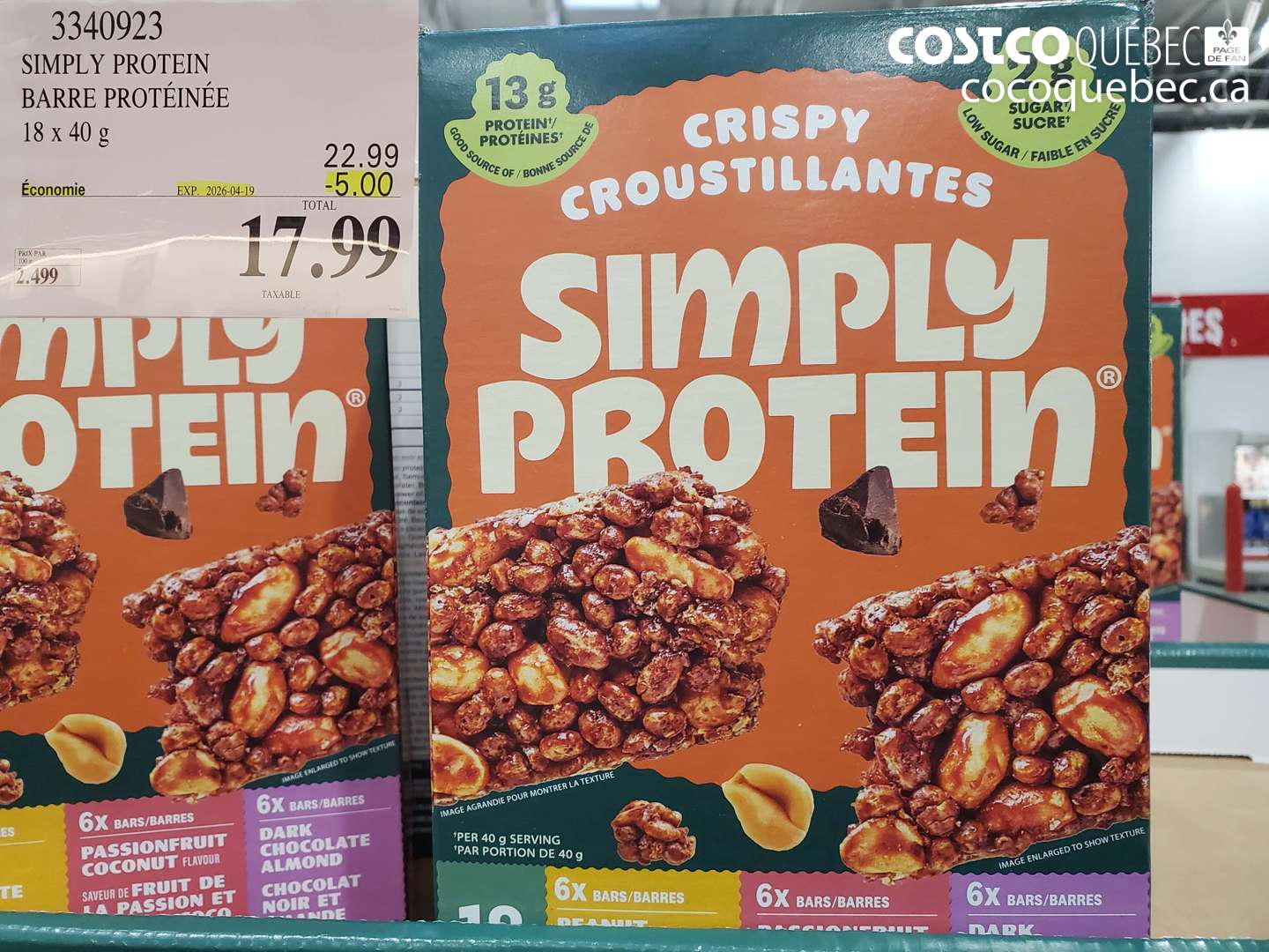 3340923 SIMPLY PROTEIN BARRE PROTÉINÉE 18 X 40 G ($5.00 INSTANT SAVINGS EXPIRES ON 2026-04-19) $17.99