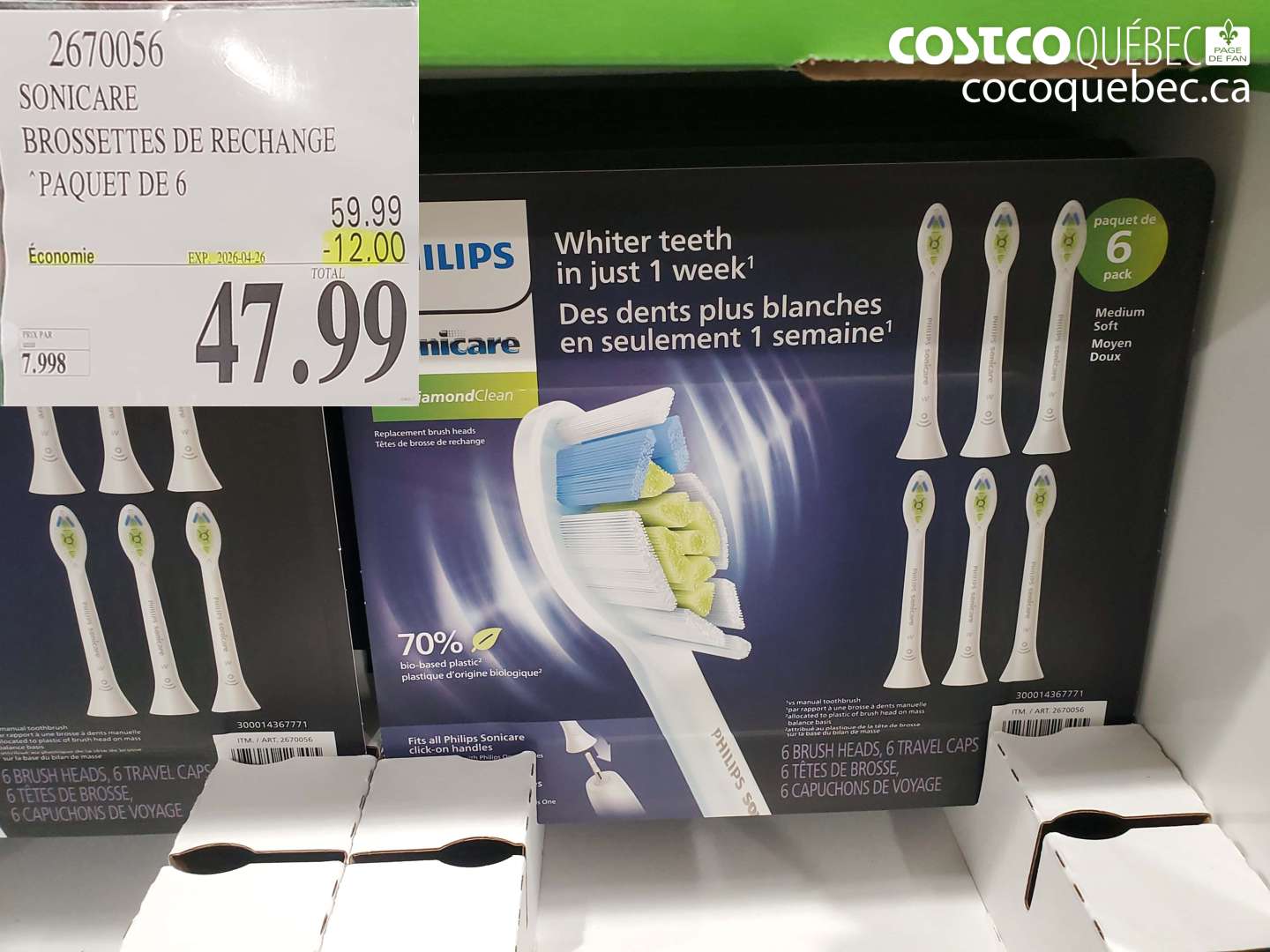 2670056 SONICARE BROSSETTES DE RECHANGE PAQUET DE 6 ($12.00 INSTANT SAVINGS EXPIRES ON 2026-04-26) $47.99