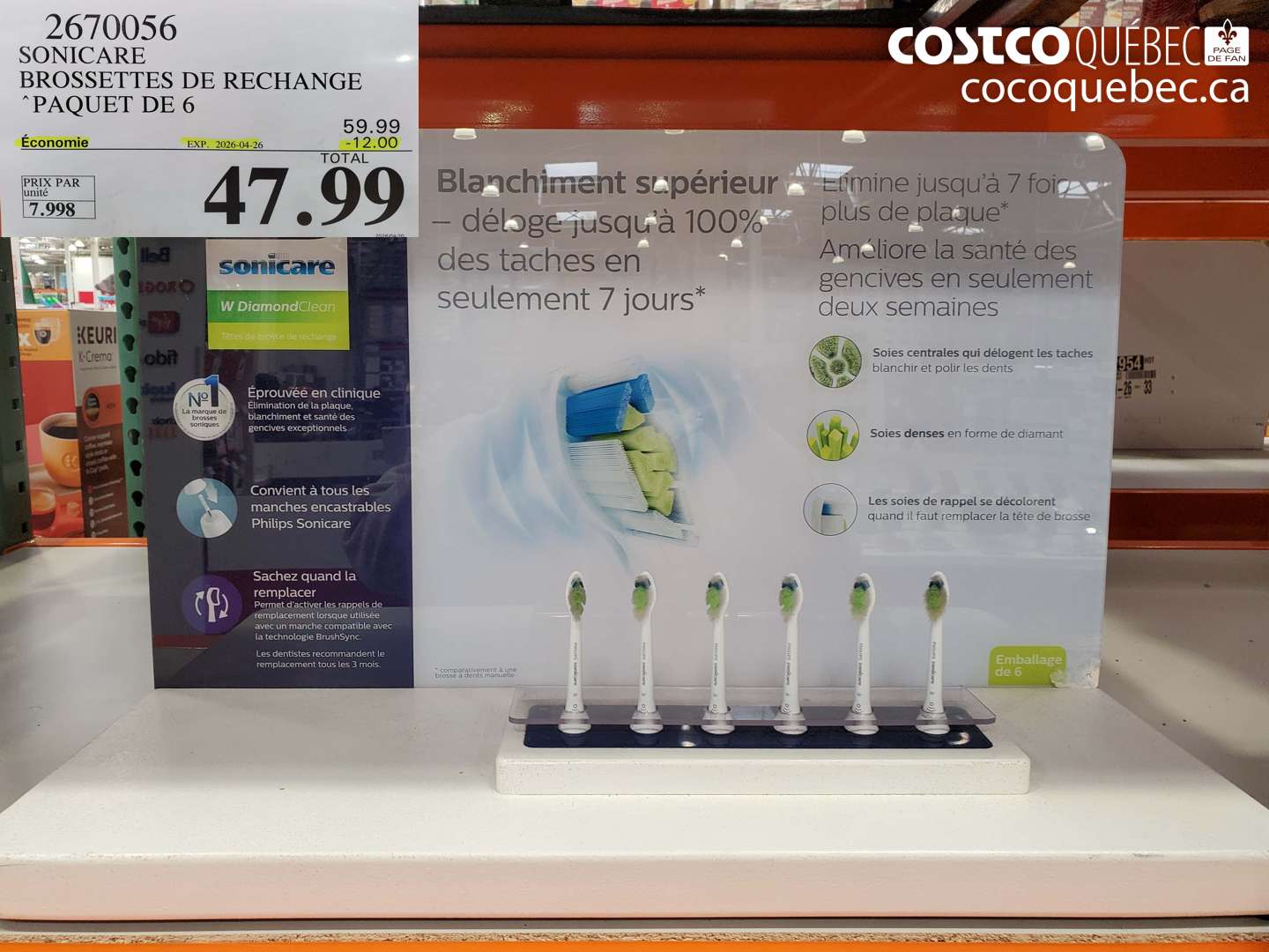 2670056 SONICARE BROSSETTES DE RECHANGE PAQUET DE 6 ($12.00 INSTANT SAVINGS EXPIRES ON 2026-04-26) $47.99