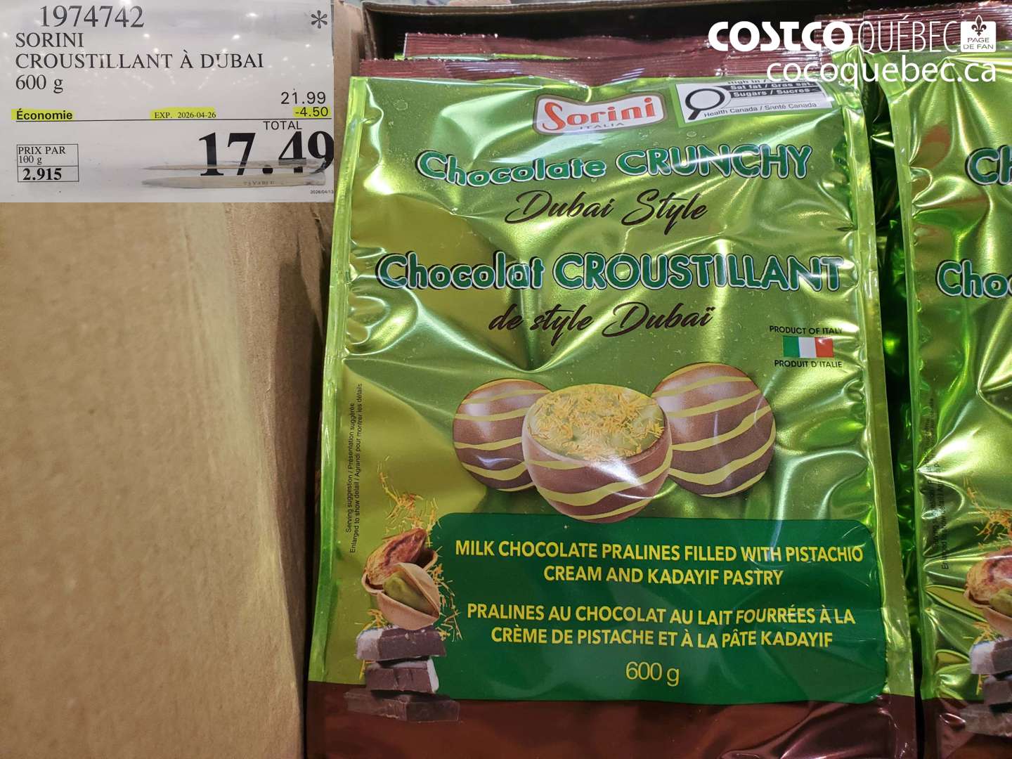 1974742 SORINI CROUSTILLANT À DUBAI 600 G ($4.50 INSTANT SAVINGS EXPIRES ON 2026-04-26) $17.49