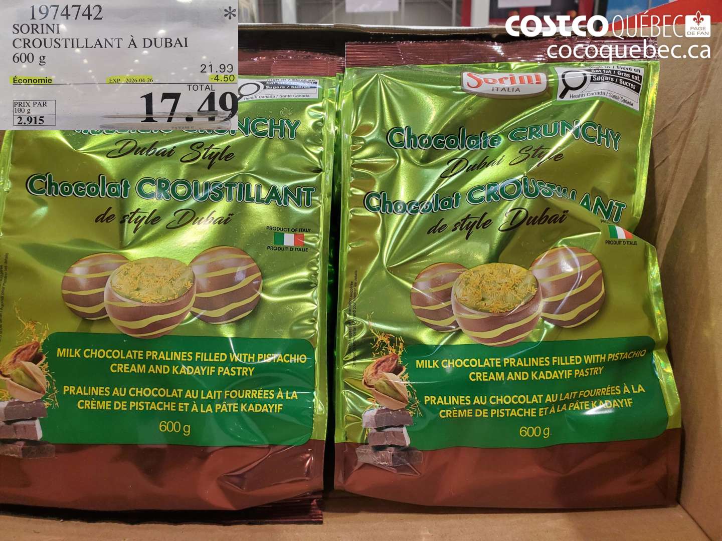 1974742 SORINI CROUSTILLANT A DUBAI 600 G ($4.50 INSTANT SAVINGS EXPIRES ON 2026-04-26) $17.49