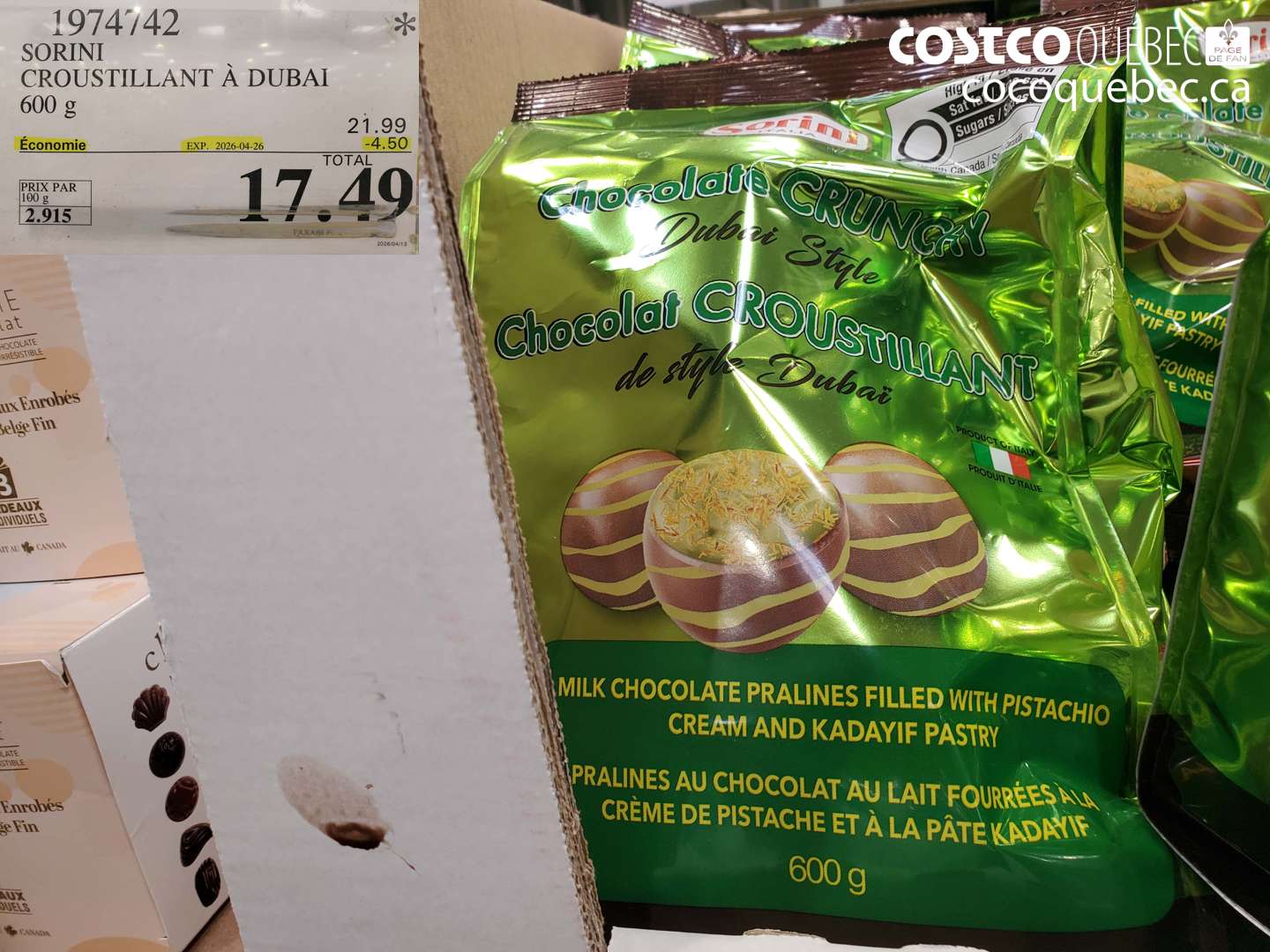 1974742 SORINI CROUSTILLANT À DUBAI 600 G ($4.50 INSTANT SAVINGS EXPIRES ON 2026-04-26) $17.49