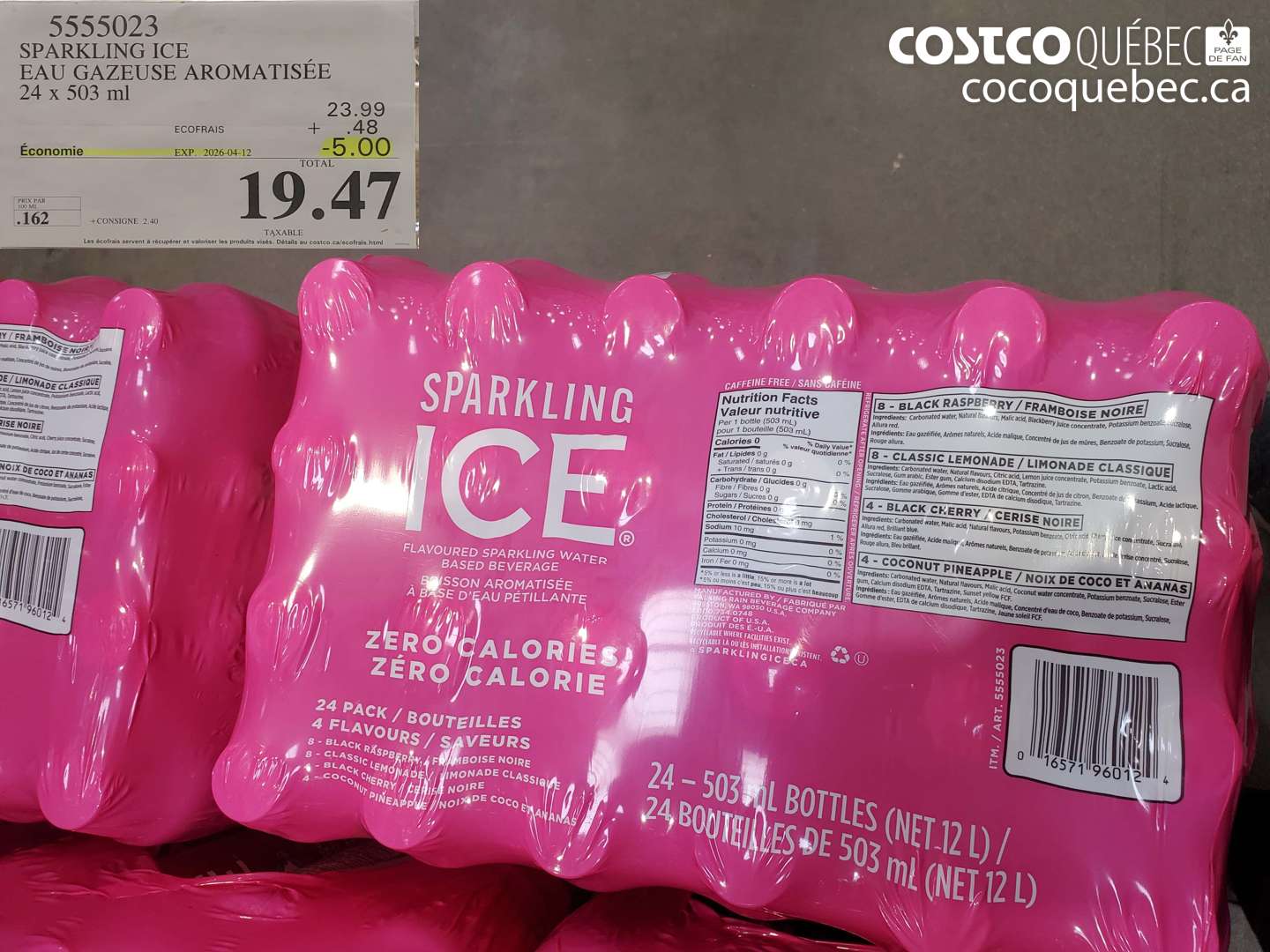 5555023 SPARKLING ICE EAU GAZEUSE AROMATISÉE 24 X 503 ML ($5.00 INSTANT SAVINGS EXPIRES ON 2026-04-12) $19.47