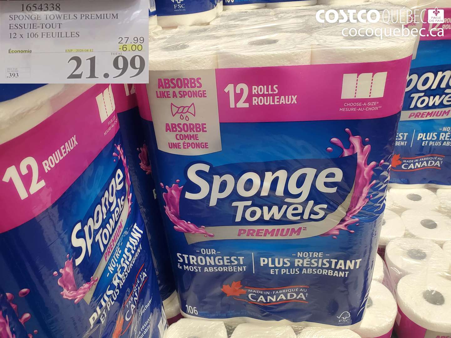1654338 SPONGE TOWELS PREMIUM ESSUIE-TOUT 12 X 106 FEUILLES ($6.00 INSTANT SAVINGS EXPIRES ON 2026-04-12) $21.99