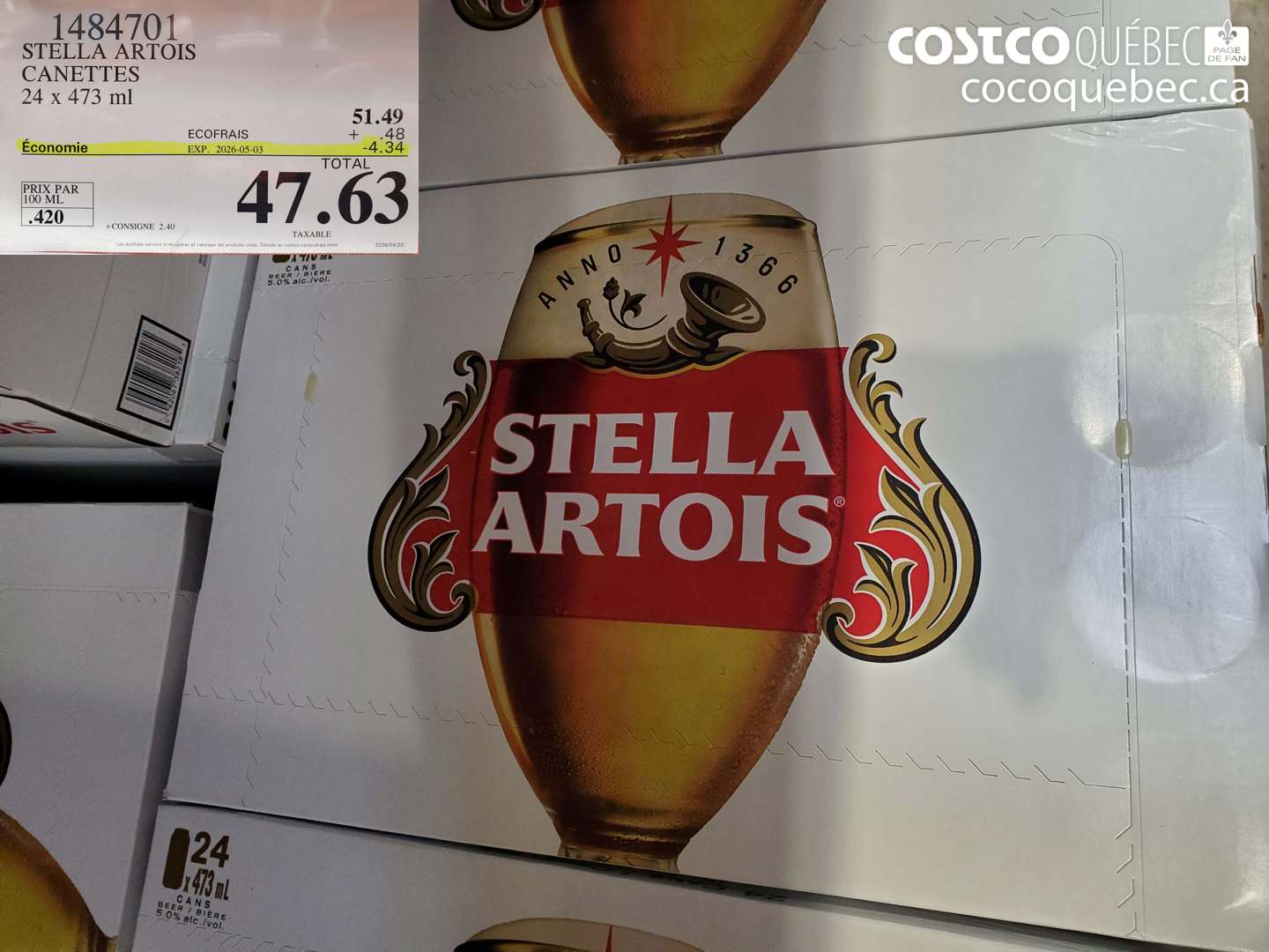 1484701 STELLA ARTOIS CANETTES 24 X 473 ML ($4.34 INSTANT SAVINGS EXPIRES ON 2026-05-03) $47.63