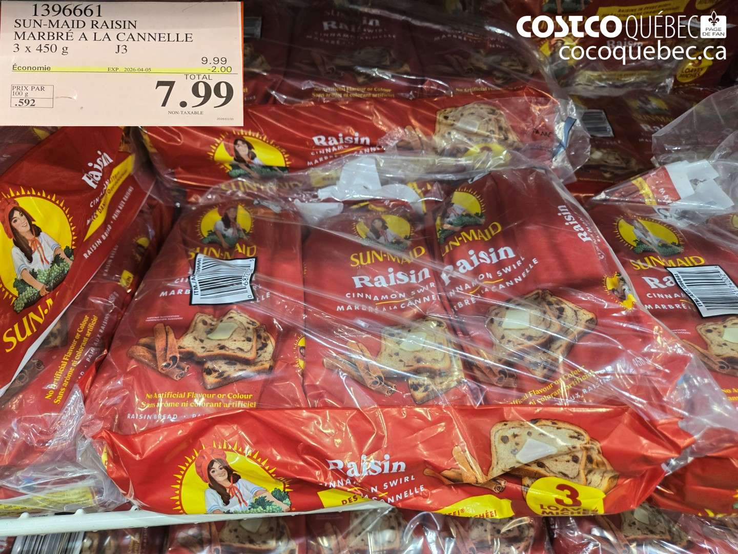 1396661 SUN-MAID RAISIN MARBRÉ A LA CANNELLE 3 X 450 G ($2.00 INSTANT SAVINGS EXPIRES ON 2026-04-05) $7.99