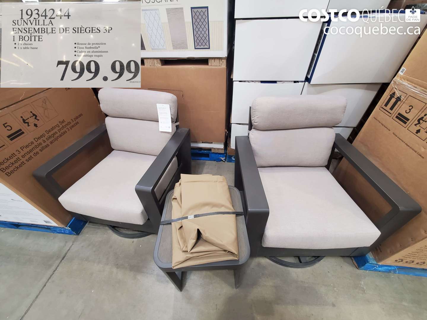 1934244 SUNVILLA ENSEMBLE DE SIEGES 3P 1 BOITE $799.99