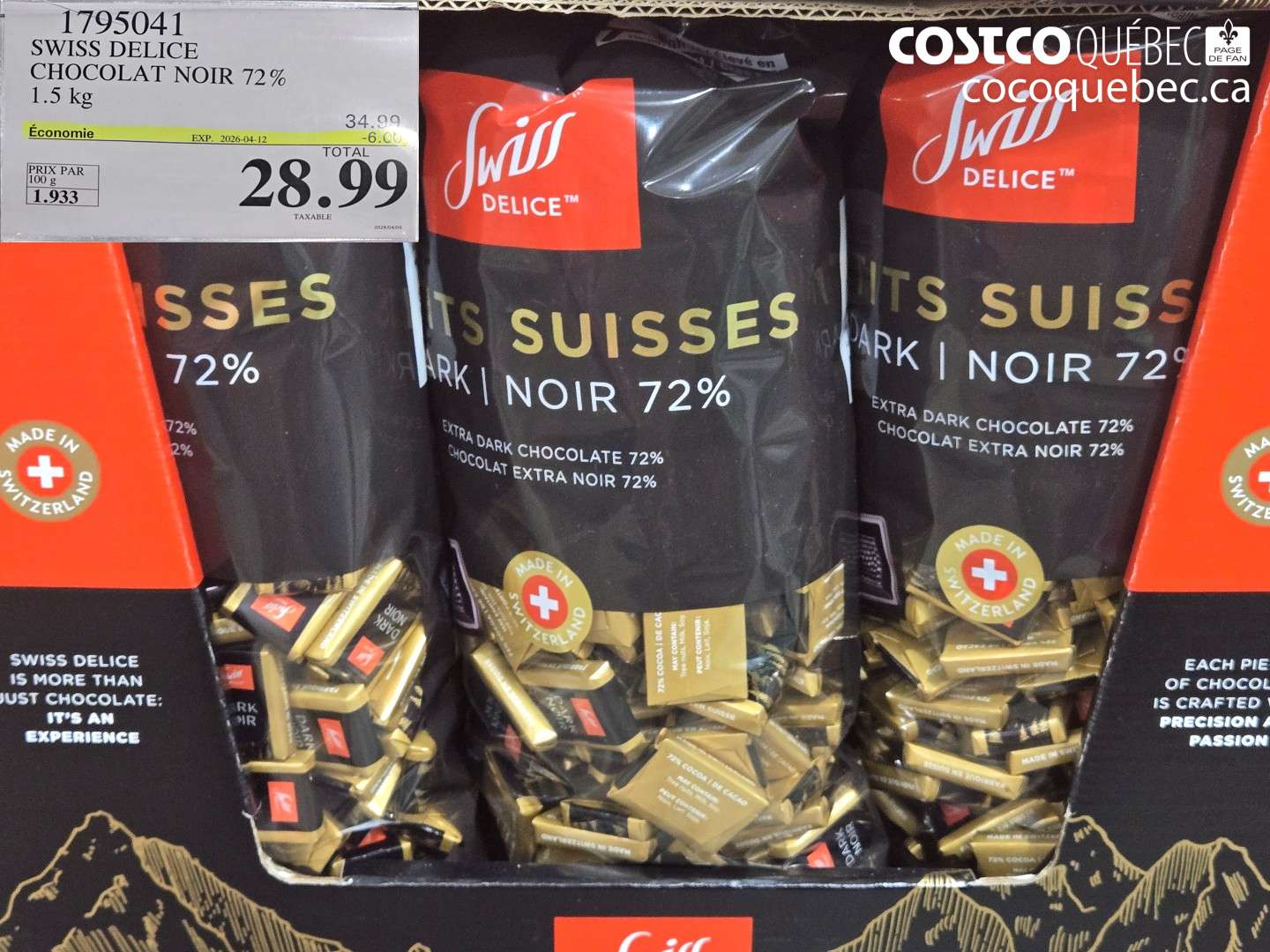 1795041 SWISS DELICE CHOCOLAT NOIR 72% 1.5 KG ($6.00 INSTANT SAVINGS EXPIRES ON 2026-04-12) $28.99