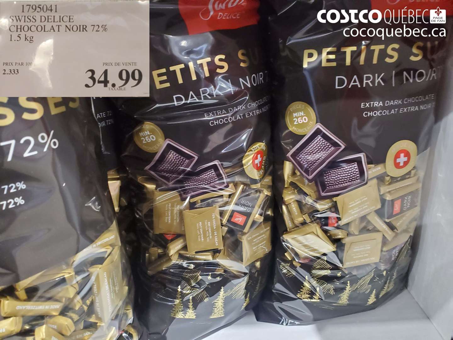 1795041 SWISS DELICE CHOCOLAT NOIR 72% 1.5 KG $34.99