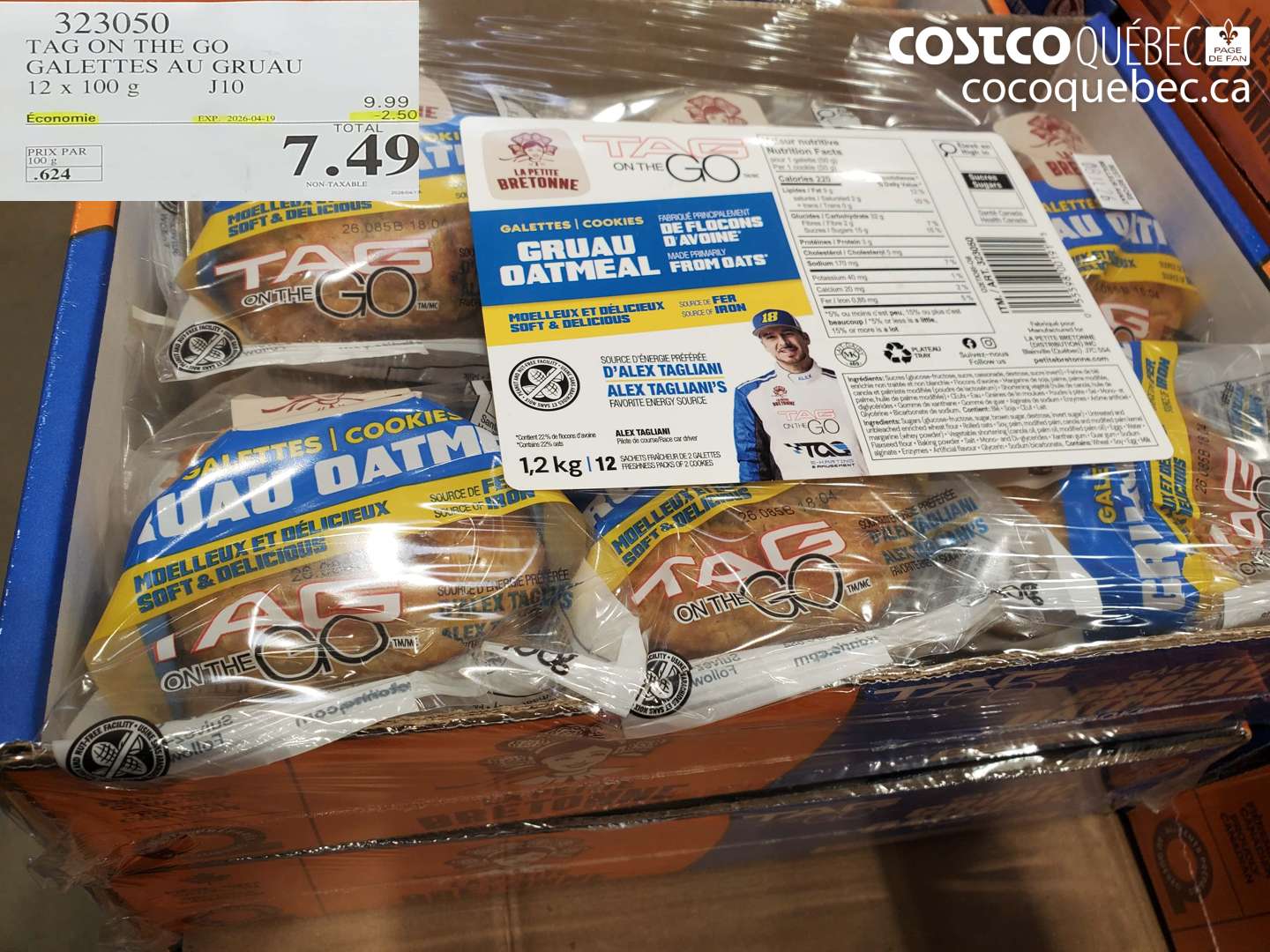 323050 TAG ON THE GO GALETTES AU GRUAU 12 X 100 G J10 ($2.50 INSTANT SAVINGS EXPIRES ON 2026-04-19) $7.49