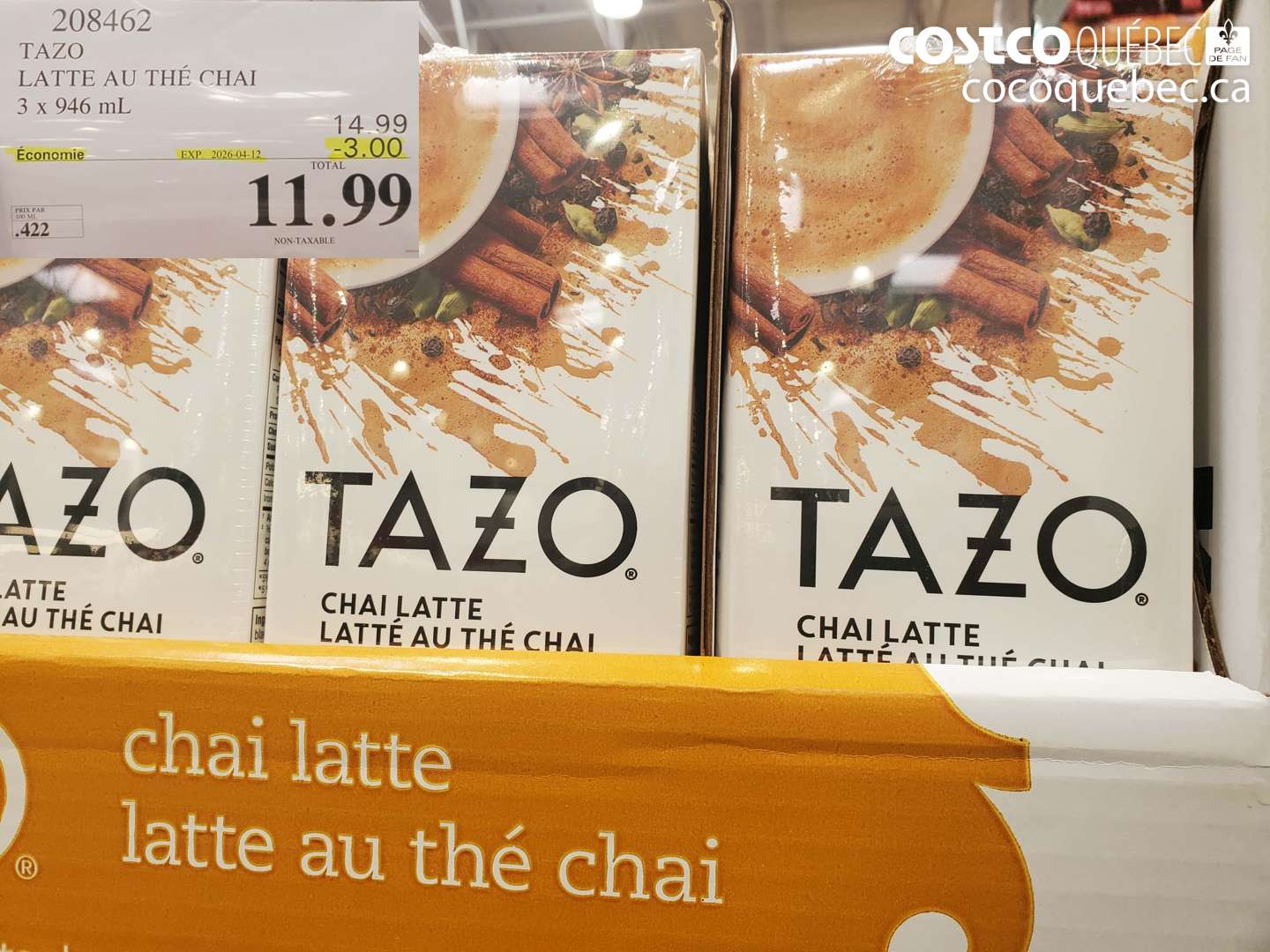 208462 TAZO LATTE AU THÉ CHAI 3 X 946 ML ($3.00 INSTANT SAVINGS EXPIRES ON 2026-04-12) $11.99