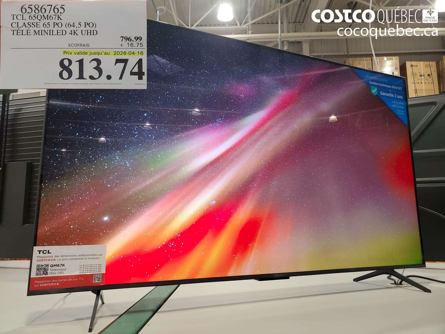 6586765 TCL 65QM67K CLASSE 65 PO (64,5 PO) TÉLÉ MINILED 4K UHD (EXPIRES ON 2026-04-16) $813.74