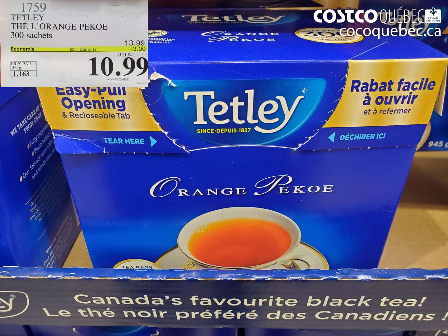 1759 TETLEY THÉ L'ORANGE PEKOE 300 SACHETS ($3.00 INSTANT SAVINGS EXPIRES ON 2026-04-12) $10.99