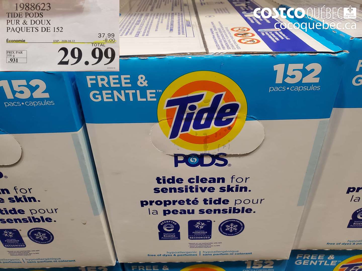 1988623 TIDE PODS PUR & DOUX PAQUETS DE 152 ($8.00 INSTANT SAVINGS EXPIRES ON 2026-04-12) $29.99