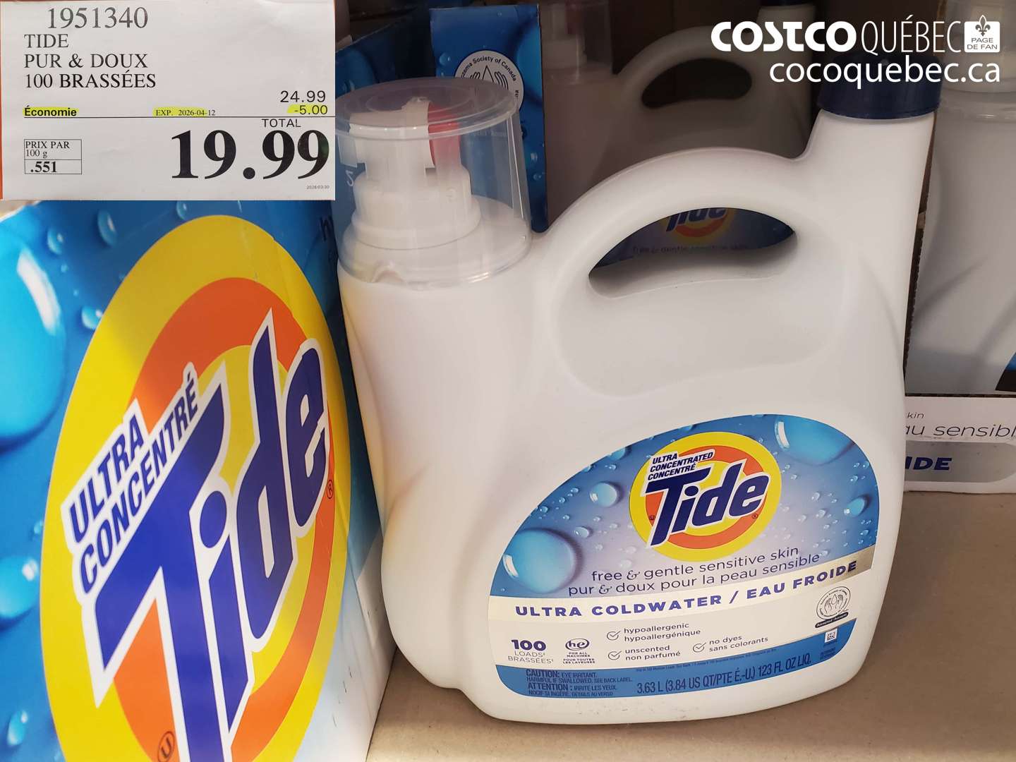 1951340 TIDE PUR & DOUX 100 BRASSÉES ($5.00 INSTANT SAVINGS EXPIRES ON 2026-04-12) $19.99
