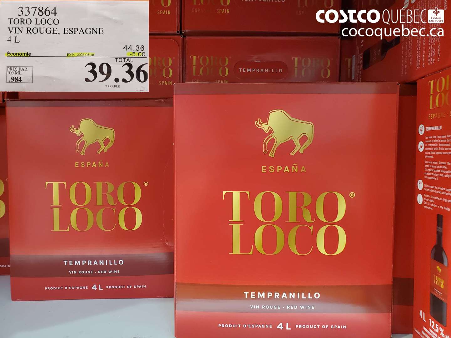 337864 TORO LOCO VIN ROUGE, ESPAGNE 4 L ($5.00 INSTANT SAVINGS EXPIRES ON 2026-05-10) $39.36