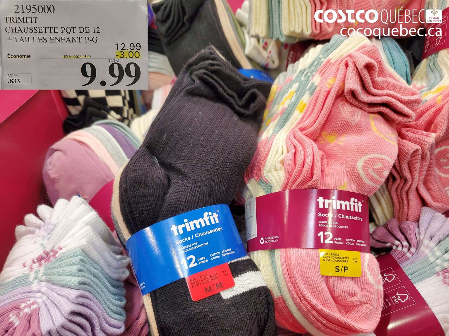 2195000 TRIMFIT CHAUSSETTE PQT DE 12 +TAILLES ENFANT P-G ($3.00 INSTANT SAVINGS EXPIRES ON 2026-05-03) $9.99
