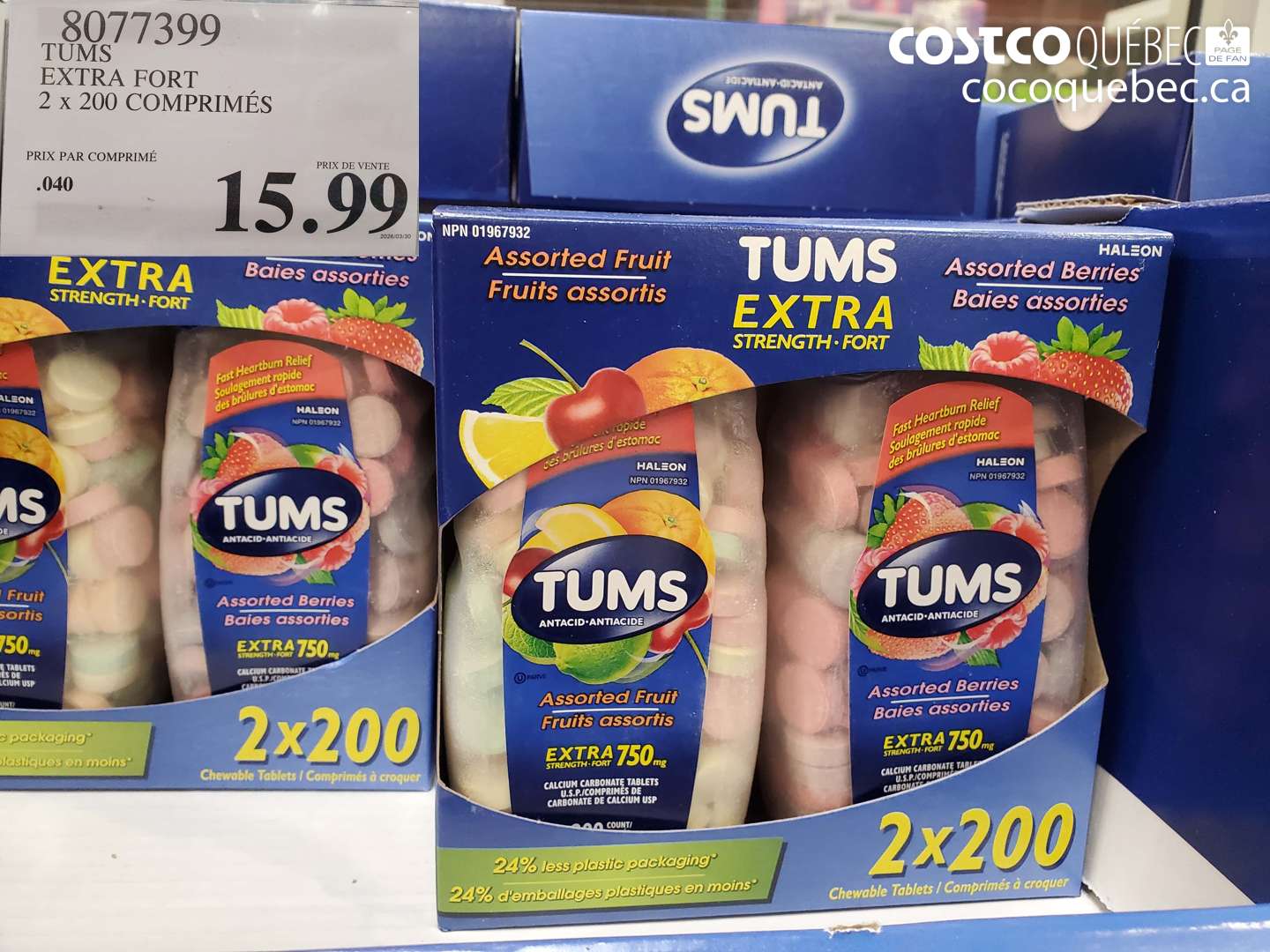 8077399 TUMS EXTRA FORT 2 X 200 COMPRIMÉS $15.99