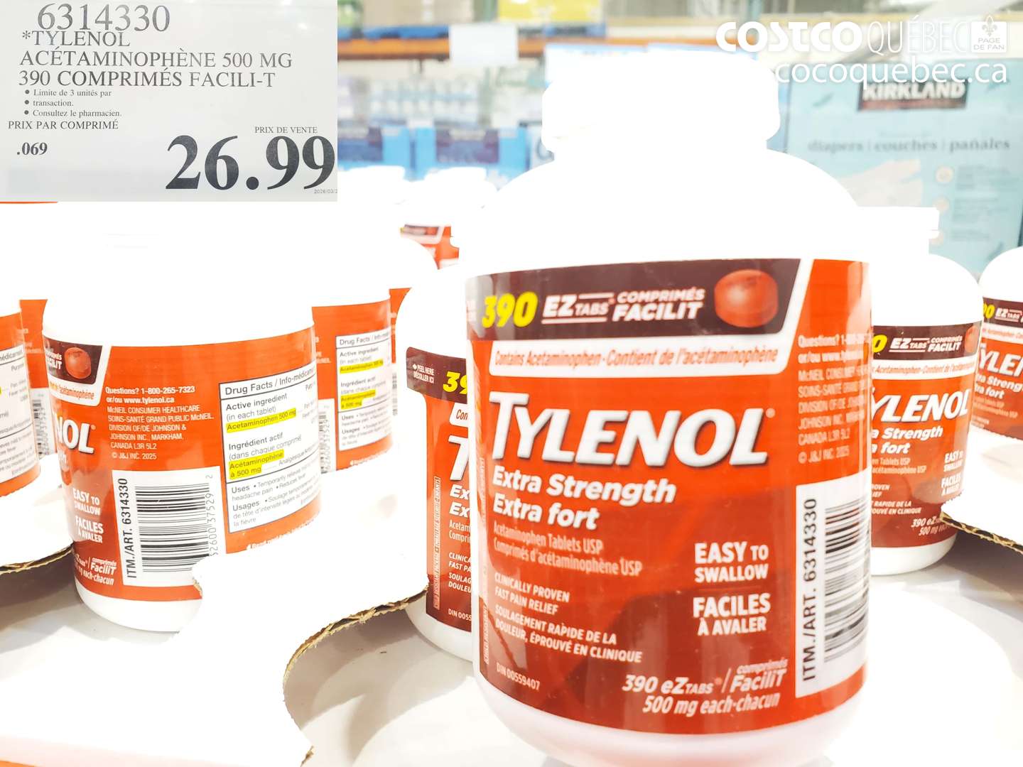 6314330 TYLENOL ACÉTAMINOPHÈNE 500 MG 390 COMPRIMÉS FACILITÉ $26.99
