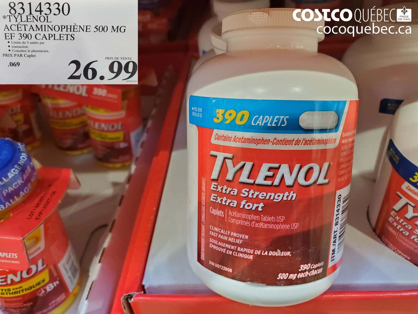 8314330 TYLENOL ACÉTAMINOPHÈNE 500 MG EF 390 CAPLETS $26.99