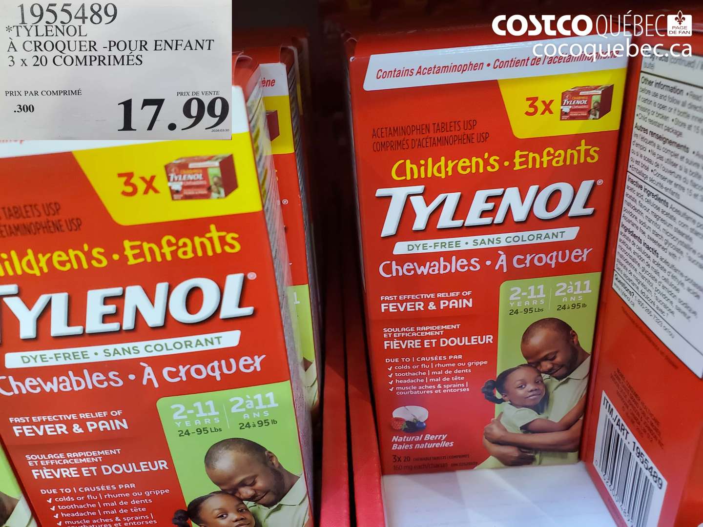1955489 TYLENOL A CROQUER - POUR ENFANT 3 X 20 COMPRIMÉS $17.99