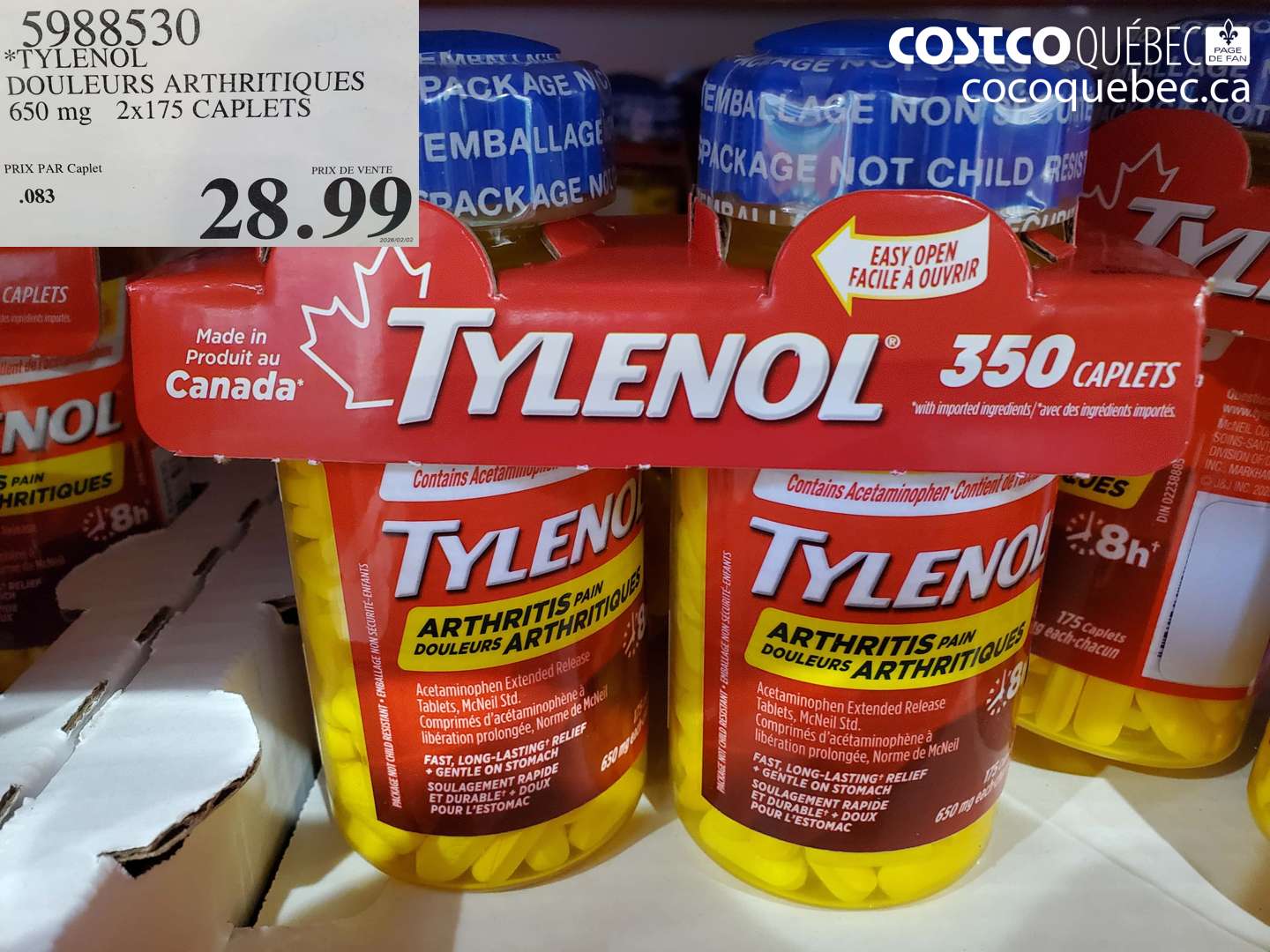 5988530 TYLENOL DOULEURS ARTHRIQUES 650 MG 2X175 CAPLETS $28.99