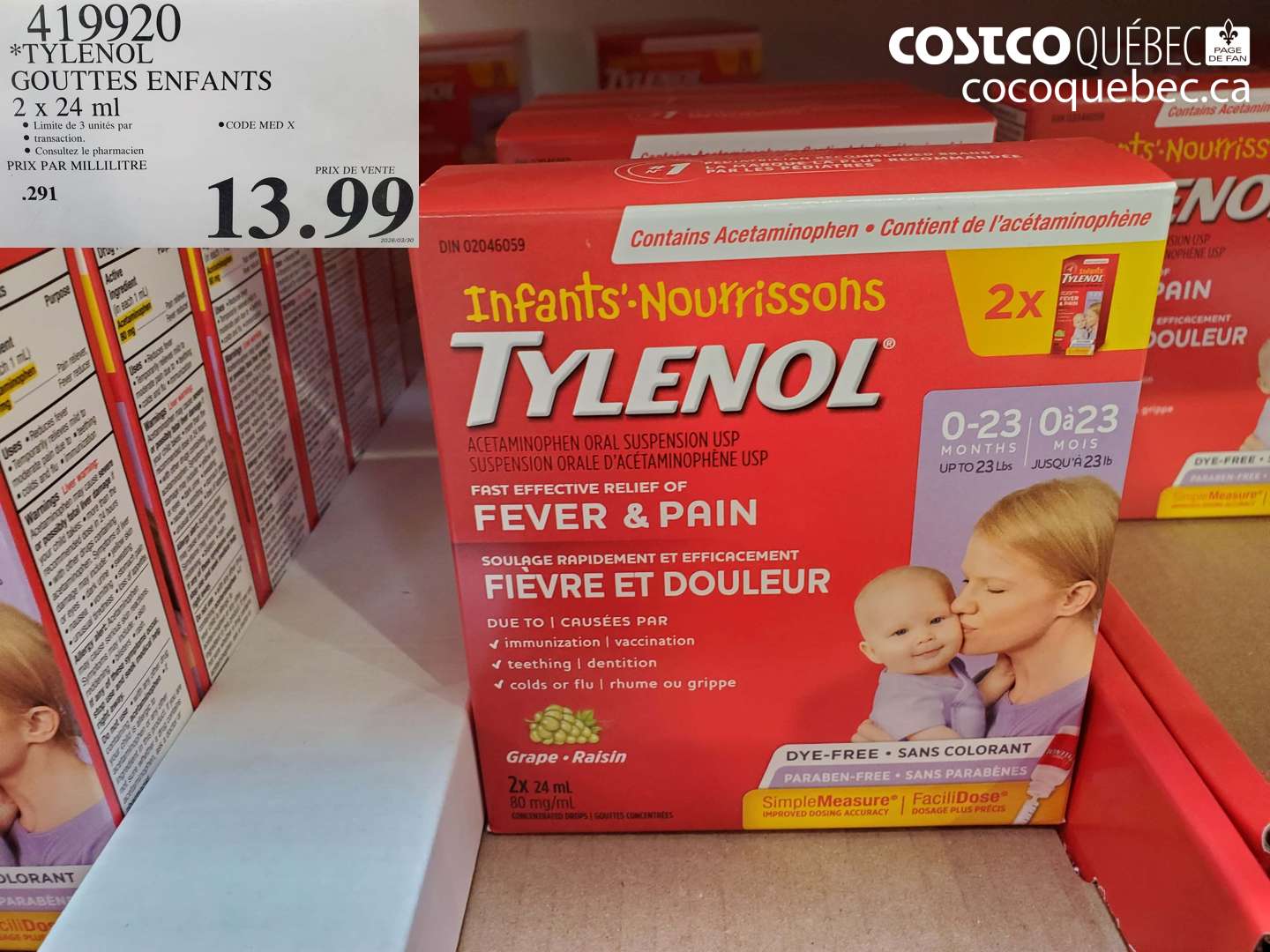 419920 TYLENOL GOUTTES ENFANTS 2 X 24 ML $13.99