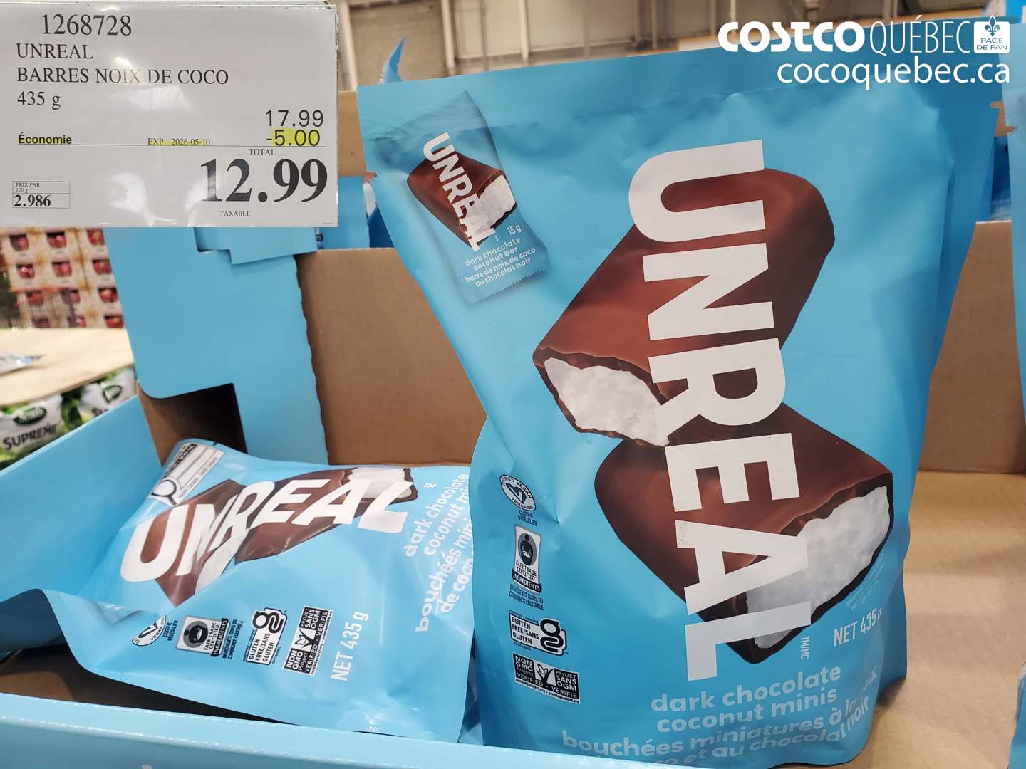 1268728 UNREAL BARRES NOIX DE COCO 435 G ($5.00 INSTANT SAVINGS EXPIRES ON 2026-05-10) $12.99