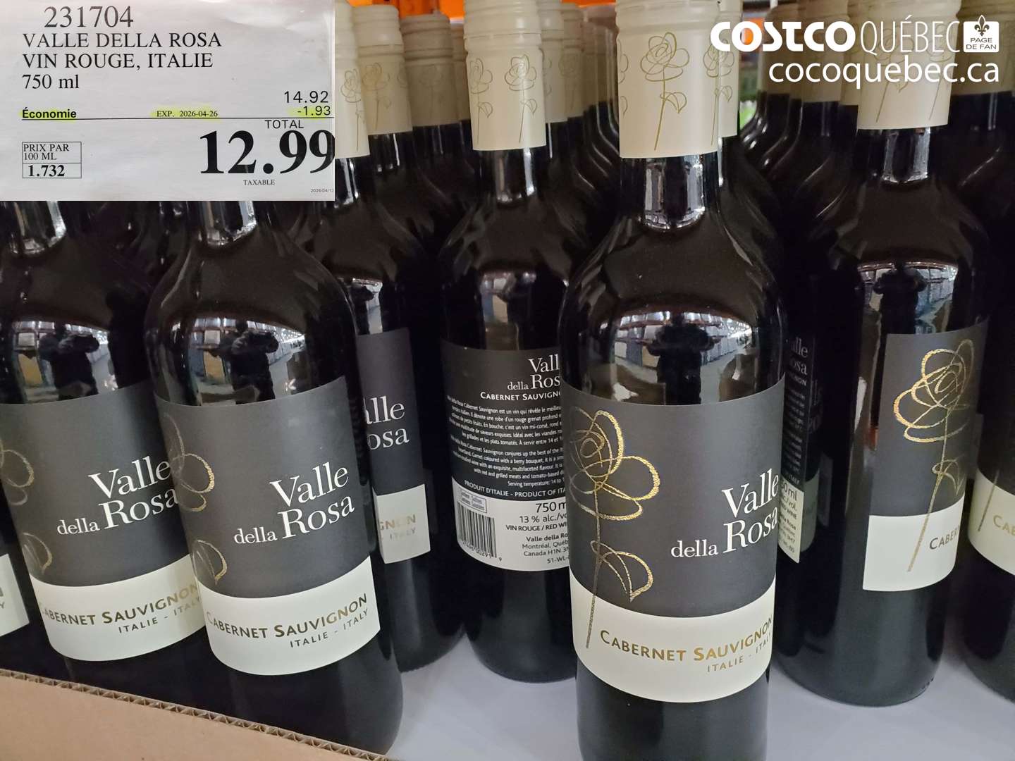 231704 VALLE DELLA ROSA VIN ROUGE, ITALIE 750 ML ($1.93 INSTANT SAVINGS EXPIRES ON 2026-04-26) $12.99