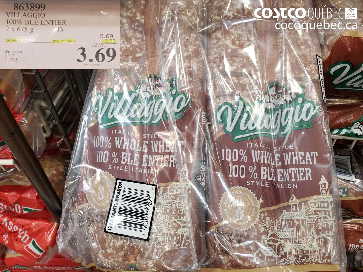 863899 VILLAGGIO 100% BLÉ ENTIER 2 X 675 G ($2.00 INSTANT SAVINGS EXPIRES ON 2026-05-03) $3.69