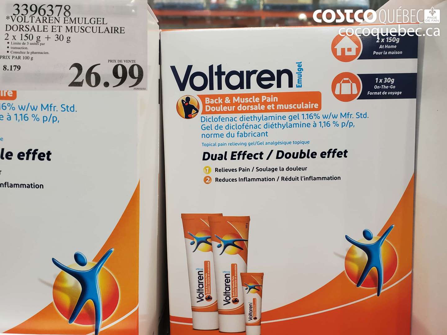 3396378 VOLTAREN EMULGEL DORSAL ET MUSCULAIRE 2 X 150 G + 30 G $26.99