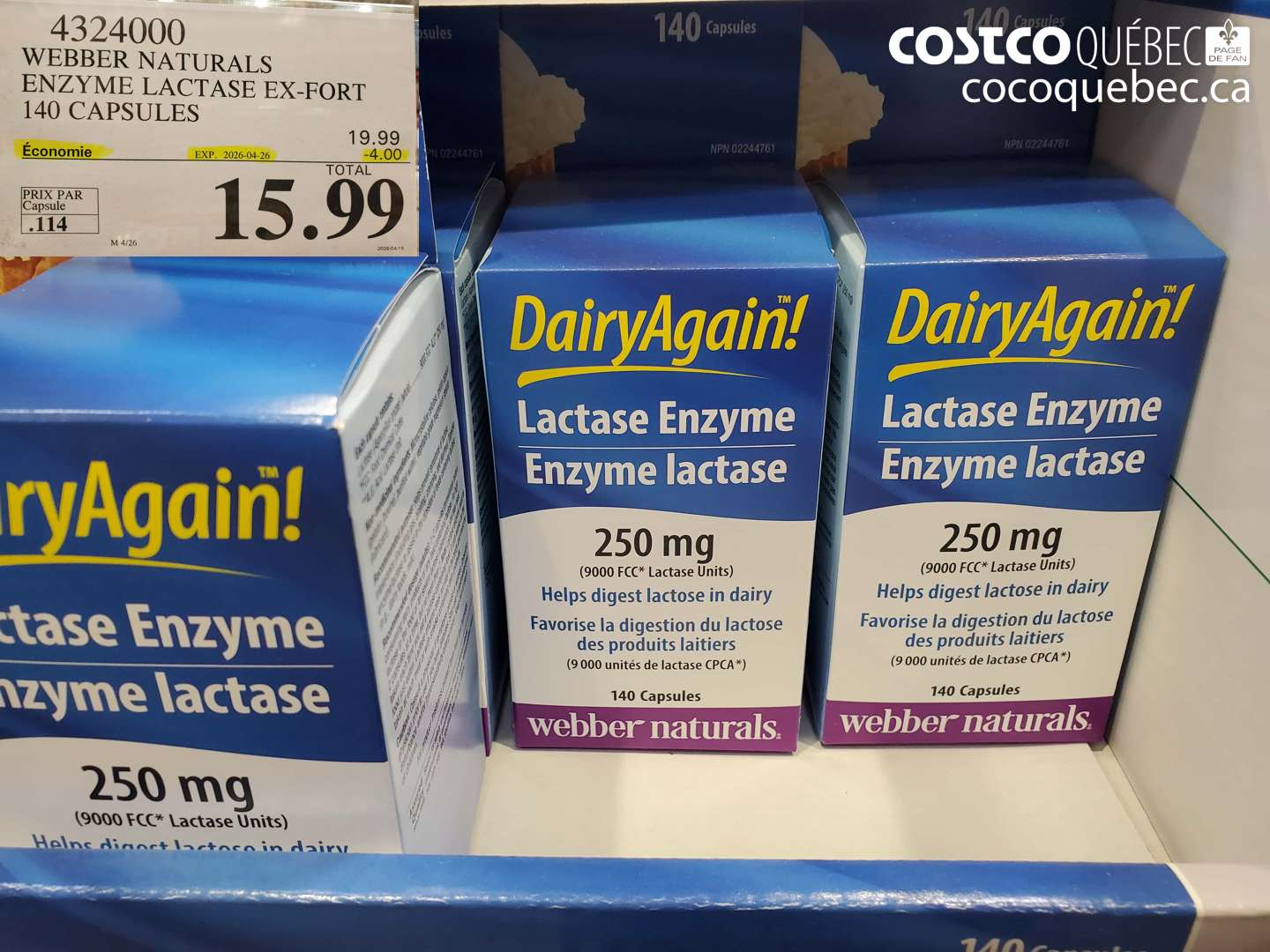 4324000 WEBBER NATURALS ENZYME LACTASE EX-FORT 140 CAPSULES ($4.00 INSTANT SAVINGS EXPIRES ON 2026-04-26) $15.99