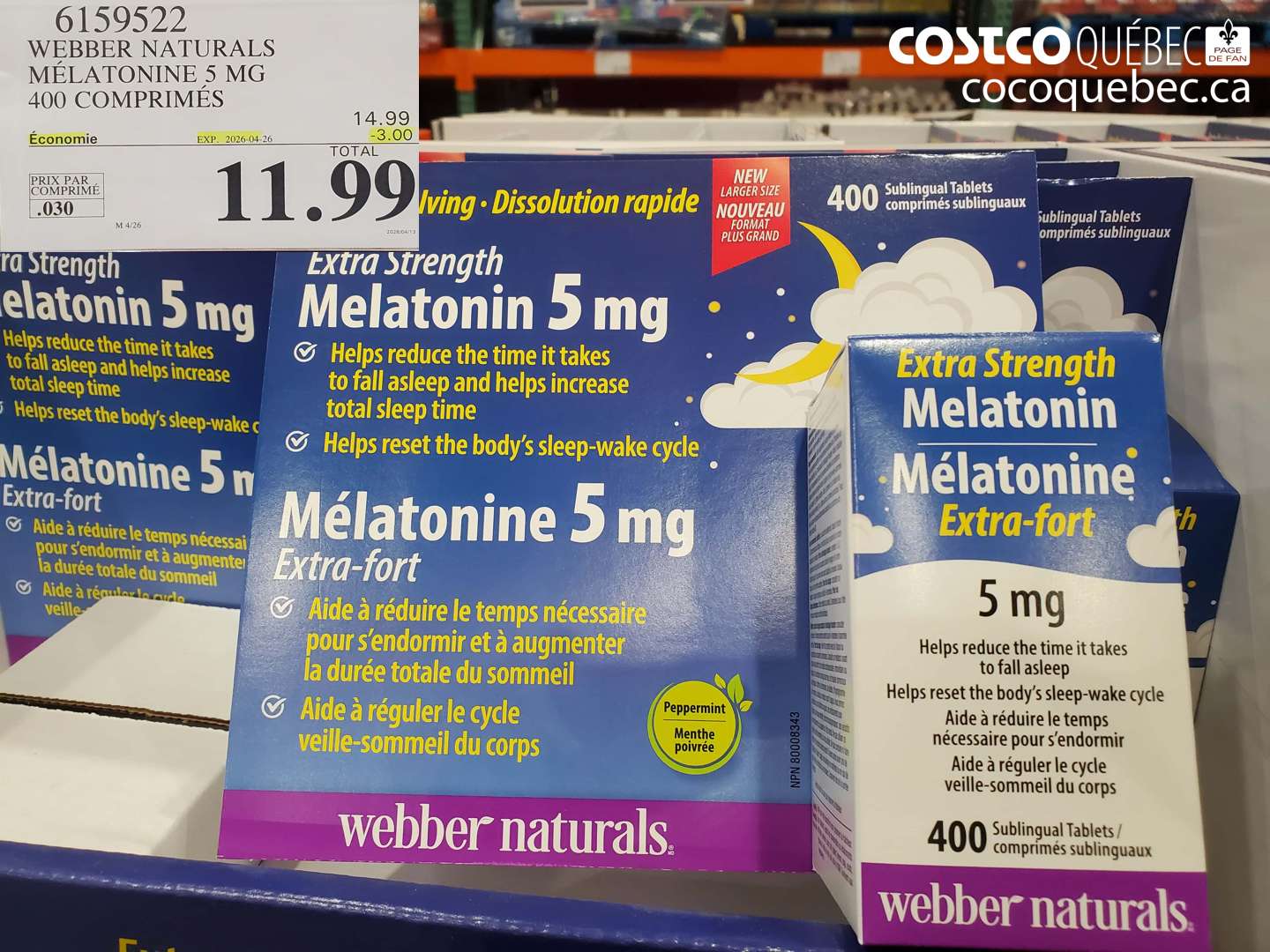 6159522 WEBBER NATURALS MÉLATONINE 5 MG 400 COMPRIMÉS ($3.00 INSTANT SAVINGS EXPIRES ON 2026-04-26) $11.99