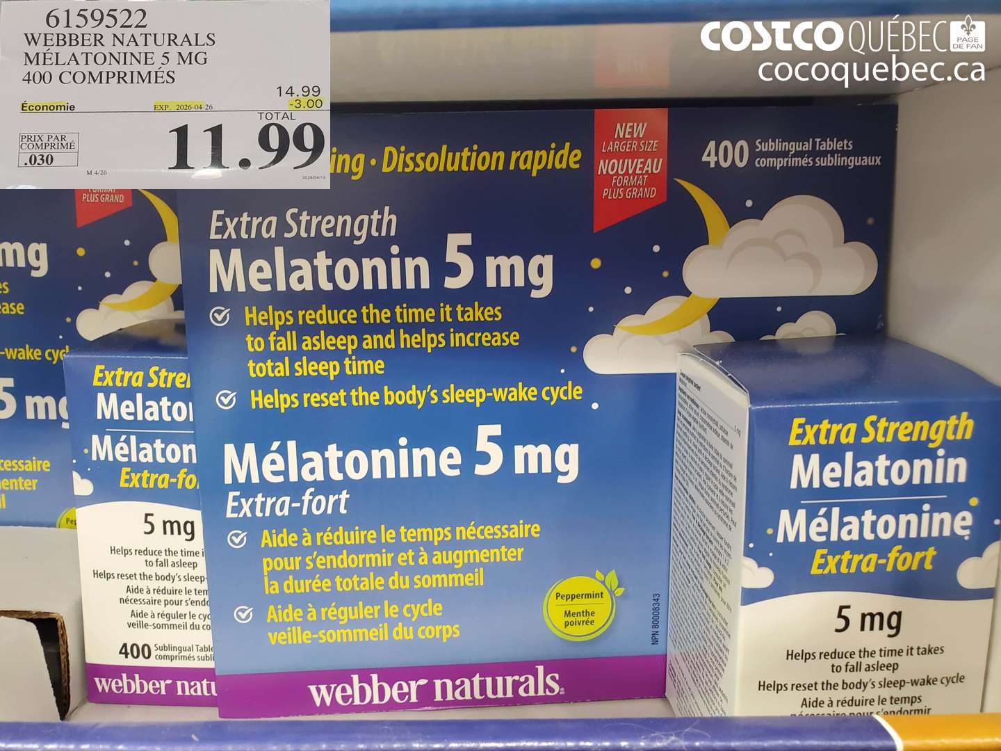 6159522 WEBBER NATURALS MELATONINE 5 MG 400 COMPRIMÉS ($3.00 INSTANT SAVINGS EXPIRES ON 2026-04-26) $11.99